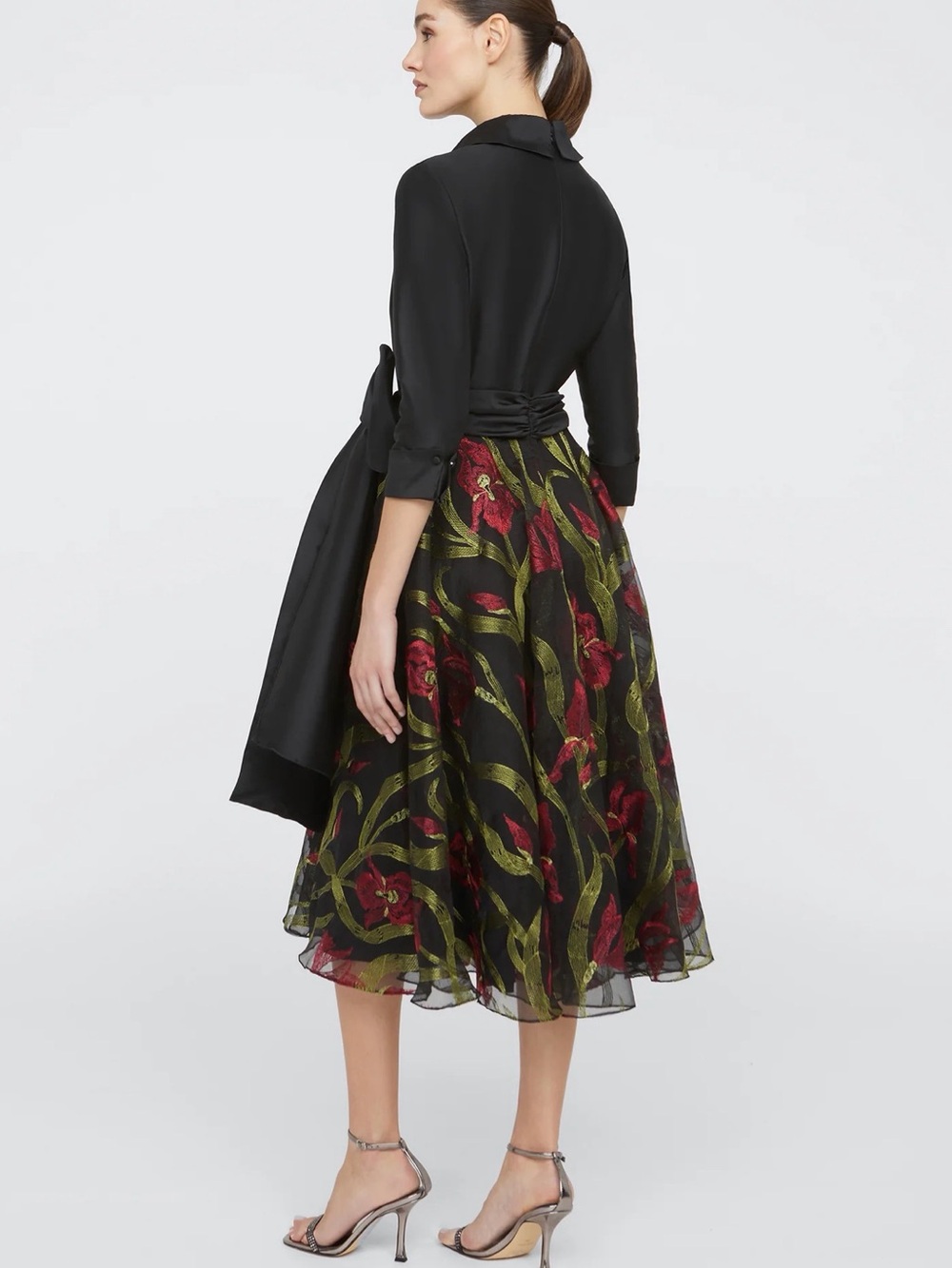Theia Azura Black Midi Dress with Red Floral & Olive Green Vine Skirt